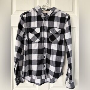 Thread & Supply Black and White Buffalo Plaid Flannel Hooded Shirt (Size S)